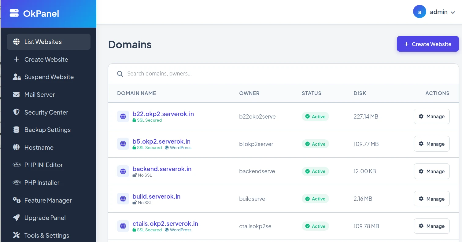 OKPanel domains list showing every website with owner, SSL status, disk usage and a manage button