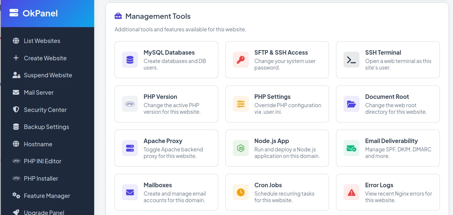 OKPanel site management tools — MySQL, Node.js apps, email, DNS, SSL, backups and more